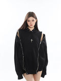 Zingj Zip Hoodie Female Fall High Street Metallic Matching Jacket Niche Hollowed-Out Design Hoodie
