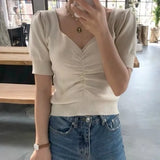 Women 7 Colors Knitted Puff Sleeve Casual Solid Slim Sexy Ladies Tops Students Clothing Female Party Harajuku