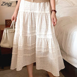 Hollow Out Boho White Skirt Women Elastic High Waist Linen Cotton Long Skirts Vintage Elegant A-Line Beach Skirt