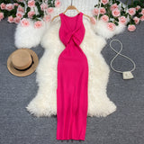 Zingj Sexy Round Neck Kink Solid Color Vest Knit Skirt Front And Back Two Wear Elastic Tight Wrap Hip