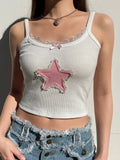Sweet Chic Cute Strap Mini Camis Tops Star Patched Lace Trim Summer Crop Top Female Korean Style Slim Y2K Retro