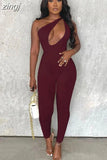 Hollow Out One-Shoulder Summer Jumpsuit Women's Solid Backless Sleeveless Party Clubwear Overalls Female Skinny