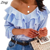 Women Ruffles Blouse Tops Summer Short Sleeve Striped Print Office Lady Ruffle O Neck Loose Tops