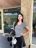 Xixi 13 Lines 2025 Autumn White Standard Temperament Collar Bottom Knitted Short-Sleeved T-Shirt