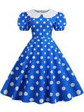 Women Summer Dress Puff Short Sleeve Polka Dot Peter pan Collar Vintage A-line Midi Long Party Sundress Robe
