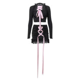 Zingj Winter New Ins Pure Desire Hot Girl Lace With Long Sleeve Top Lace Splicing Package Buttock Skirt Suit