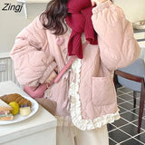 Kawaii Short Jackets Women Sweet Preppy Style Winter Overcoat Female Cute Lace Patchwork Casual Girls Pink Parkas