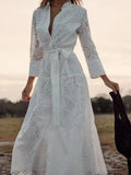 Shirt Dress Women Button Up Midi Dress Female Lapel Long Sleeve Elegant Dress Female Hollow Out White Dress With