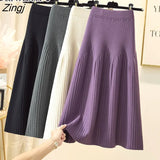 2022 Fashion Autumn Winter Warm Knitted Midi Long Pleated Skirt Women Korean Style Mid-Length High Waist Skirt