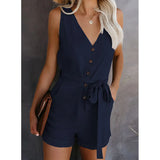 Color Jumpsuit Women's Summer Cotton Blend Casual V-neck Bow