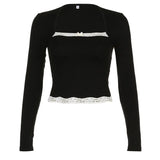 French Lace Trim Splice Slim Long Sleeve TeeOutfit
