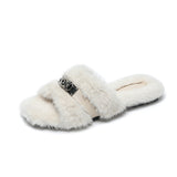 And Winter New Hairy Shoes With Plush Warm Metal Plus Plush Outside Wearing Flat-Bottom Slippers Women's Foot