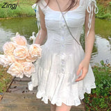 Kawaii Princess Dress Women Pink Fairy Ruffles Party Mini Dress 2021 Female Summer Korean Puff Sleeve Slim Sweet