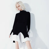 Autumn And Winter Retro Romantic Sleeves Casually Stum Irregular Splicing Splicing Color Knitted Dress