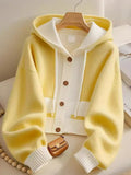 Style Yellow Splicing Hood Design Sweater Coat Knitted Cardigan Showing Lean Long Sleeves Loose Casual