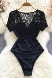Women Lace Bodysuits Black Elegant V-Neck Short Sleeve High Waist Bodycon Romper Female Summer Patchwork Jumpsuits 2023