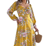 Spring And Summer Sexy Tie Knotted Flowers Long Sleeve Open Fork Dress