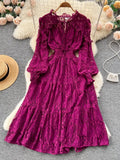 Autumn Women Lace Midi Dress Vintage Round Neck Lantern Long Sleeve High Waist A-Line Elegant Party Robe New Fashion