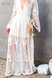 Lace Floral Mesh See Through Long Maxi Dress 2023 Summer Deep V-neck Long Lantern Sleeve Beach Dress Female