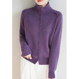 2025 New Retro Buckle Design High-Necked Ladies Knitted Cardigan Pure Color Ocean Sweater