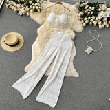 Zingj Bikini Top High Waist Straight Leg Wide Leg Pants Knit Hollowed-Out Pants