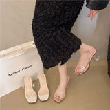 Women 2025 Summer New Square Head Fine And Crystal Transparent Sandals One-Word With Waterproof Table Slippers