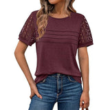 Summer New Women's Casual Loose Round-Neck Lady T-Shirt Solid Color Lace