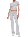Short Sleeve Cropped Top Fold-over Flare Pants Set- Outfit