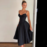 Women's 2025 Summer New Sexy V Tie Dress Black Bareback Sexy Dress