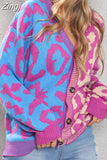 Winter Pink Leopard Print Cardigan Women Knitted Sweater V-neck Female 2023 Loose Button Coat Warm Cardigan for