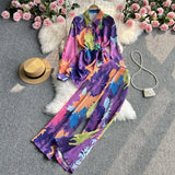 Zingj Suit Women's Casual Loose Long Sleeve Single-Breasted Shirt Two-Piece High Waist Slim Tie-Dye Print Wide-Leg