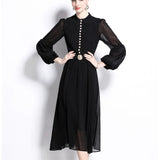 High-End Elegant Dress Spring New Fashion Metal Buckle Waist Thin Lantern Sleeve Chiffon Long