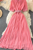 Vintage Polka Dot Pleated Long Dress Women Blue/Red/Purple Draped Vestidos Casual Female High Waist Big Swing Robe