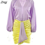 Sexy Deep V-neck Satin Two Piece Set Women Long Sleeve Top Short Skirt Sets Matching Casual Partywear Winter Women