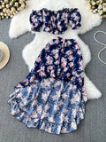 Bohemian Floral Printed Sets Women Sexy Slash Neck Short Tops + High Waist Ruffle Irregular Skirt Suit Female New