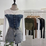 Real Shooting Denim Splicing Mesh Design Long-Sleeved T-Shirt Wearing Rope Tie Short Repair Body Coat