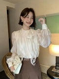 Xixi 2025 Autumn White Standard Thousand Gold Wind Bow Tie With Bottom Shirt Women's Long-Sleeved Top Tide