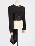 Zingj 2024 New Fashion Pure Color Round Collar Belt Top Design Sense Waist Show Thin Long Sleeve Women's Small