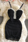 Women Black Sexy Bodycon Party Dress Elegant Beading High Waist Sleeveless Spaghetti Strap Mini Vestidos Female