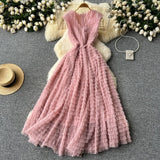Famous French High-End Women V Lead Heavy Industry Folding Net Yarn Waist Fluffy Cake Dress