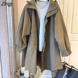 Women Hooded Retro Korean Style Female Casual Windbreaker Basic Simple Couple Solid All-match College Harajuku