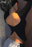 Backless Criss-cross Black Long Sleeve T-shirts Base Tops Streetwear 2023 Spring Fall Slim Fit Female Tees