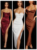 Satin Dress Bodycon Side Split Spaghetti Strap Sexy Dress Maxi Dress Elegant Dresses For Women Party Robe Femme