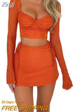 Women Summer 2 Pieces Outfits Solid Color Sweetheart Neckline Long Sleeve Crop Tops and Side Tie-Up Mini Skirts