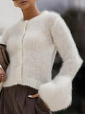 Retro Plush Horn Sleeve Sleeve Sleeve Shirt Single Buckle Embellishing White Brown Autumn And Winter Vintage Style