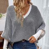 And Winter New Loose Knitted Stripes V Collar Bat Sleeve Splicing Stuff Sweater Women's