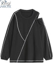 Women Korean Pullover Hoodies Irregular New Trendy Sense Of Design Autumn Solid Color Long Sleeve O-neck Pullover