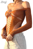 Sexy Women Off Shoulder Bodysuits Slash Neck Shiny Rhinestones Jumpsuits Long Sleeve Hollow Out Slim Fit Leotard
