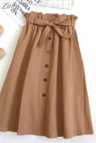Women Elegant High Waist Midi Skirt Spring And Summer Casual Single-Breasted Solid Black White Bowknot Belt Office A-Line