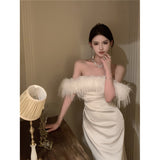 Zingj Photo White One-Word Shoulder Dress 2023 New Female Autumn Show Figure